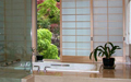 Master bath shoji with a wood metal combined tracking system.