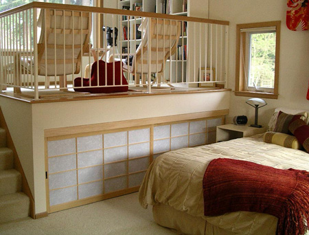 The bedroom storage area nicely finished with shoji screens.
