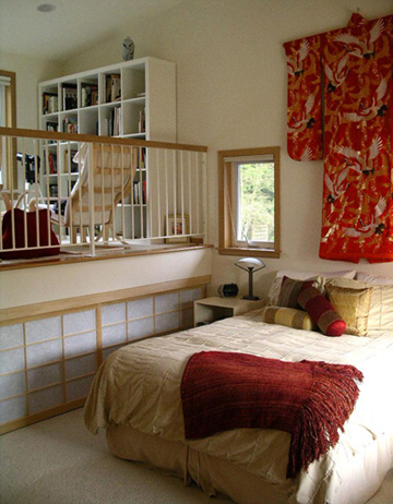 Custom Japanese shoji in the bedroom with a lovely kimono robe above the bed.